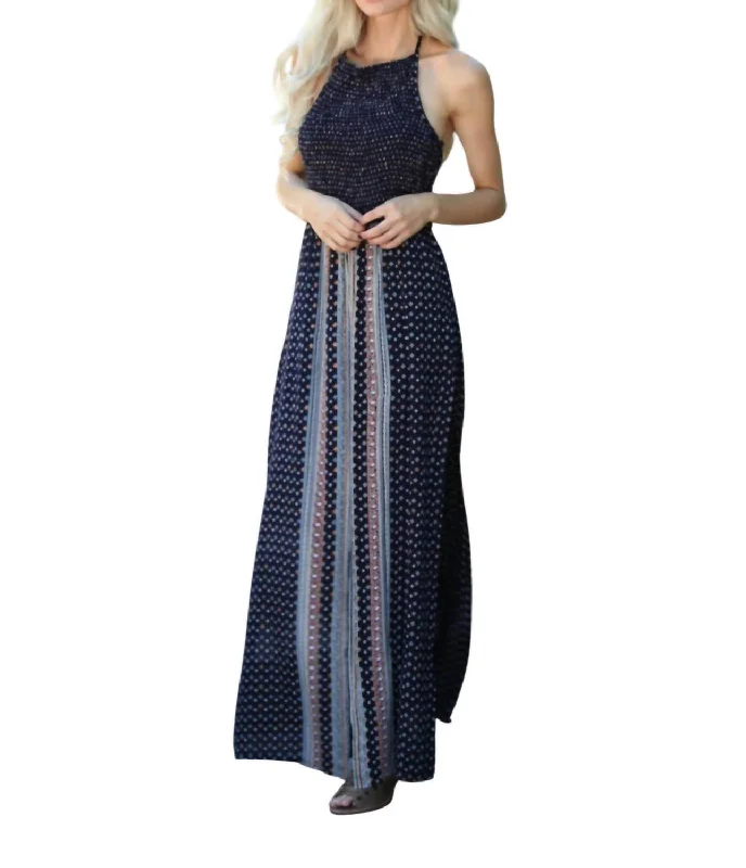 women's jumpsuits for hourglass figuresTwin Print Halter Maxi Romper In Navy