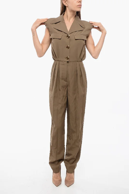 women's jumpsuits with flutter sleevesBalmain Double-Pleated Wool Jumpsuit With Saharan Pockets