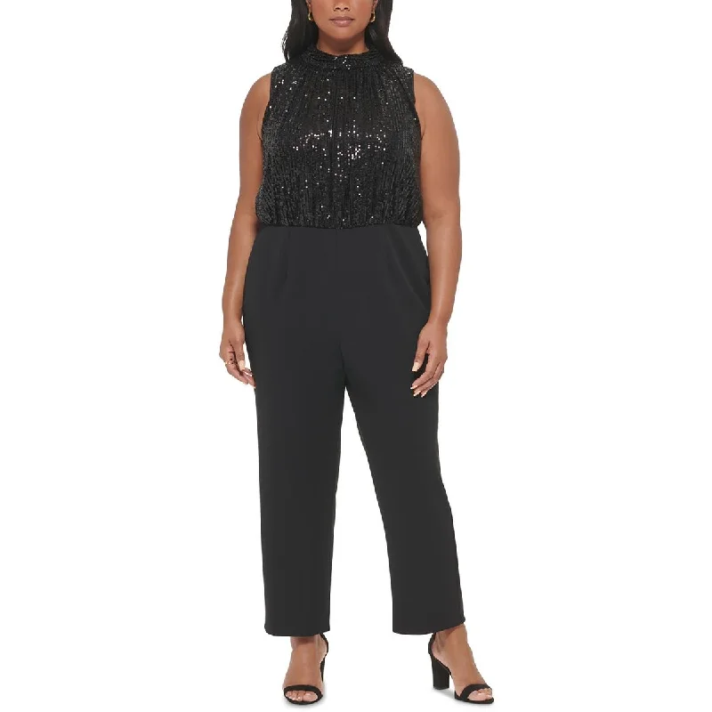 women's jumpsuits with belt loopsPlus Womens Sequined Mock Neck Jumpsuit