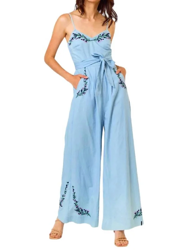 women's casual jumpsuitsAdele Embroidery Waist Tie Wide Leg Jumpsuit In Chambray