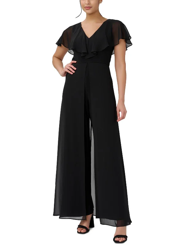 women's jumpsuits with rufflesWomens Chiffon Ruffle Overlay Jumpsuit