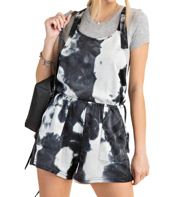 women's jumpsuits with Peter Pan collarsTie-Dye D-Ring Strap Romper In Charcoal Mix