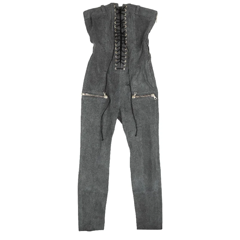 women's jumpsuits for curve-hugging stylesUnravel Project Leather Lace Up Strapless Jumpsuit - Gray