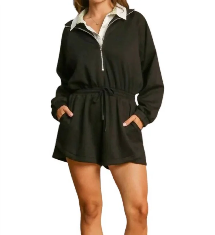 women's jumpsuits with flutter sleevesLong Sleeve Knit Romper In Black