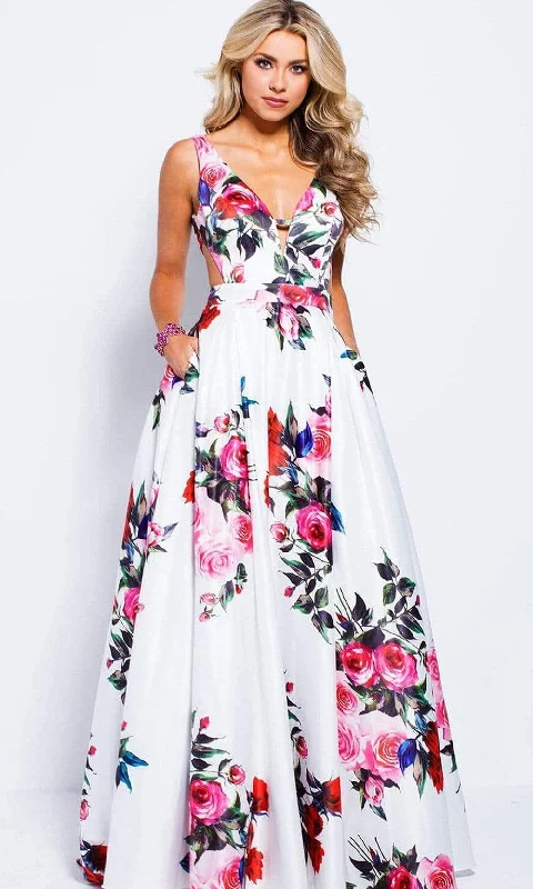 women's empire waist dressesJVN by Jovani - Floral V-neck A-line Evening Gown JVN59146