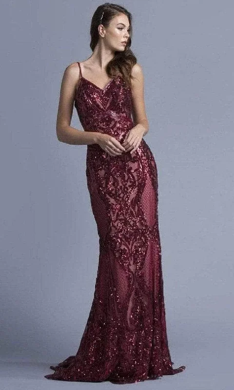 women's vacation dressesTrevi Collection - V-Neck Sequin Evening Dress L1982 - 1 pc Burgundy In Size S Available