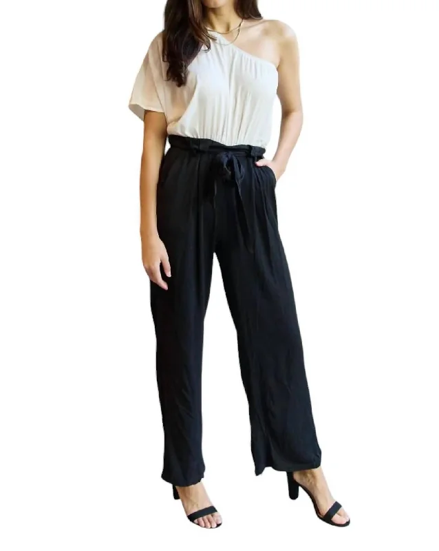 women's jumpsuits for maximalist fashionMarvelous In Manhattan One-Shoulder Jumpsuit In White/black