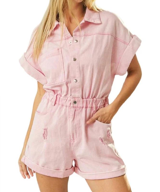 women's jumpsuits for yogaVintage Washed Distressed Romper In Light Pink