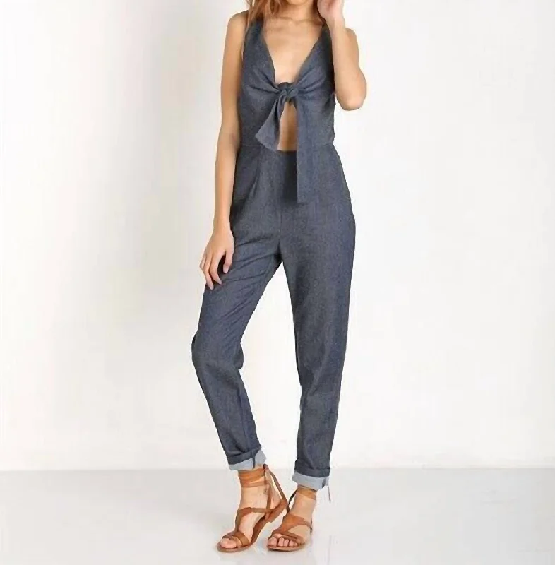 women's jumpsuits with lace detailsSilk Cotton Cut-Out Sleeveless Jumpsuit In Navy