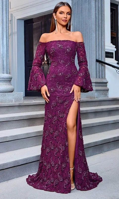 women's shift dressesJ'Adore Dresses JM207 - Off-Shoulder Flounce Sleeve Beaded Evening Dress