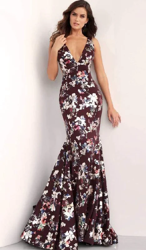 women's work dressesJovani - Plunging V Neck Floral Print Evening Dress 67362 - 1 pc Burgundy/Multi-Color In Size 2 Available