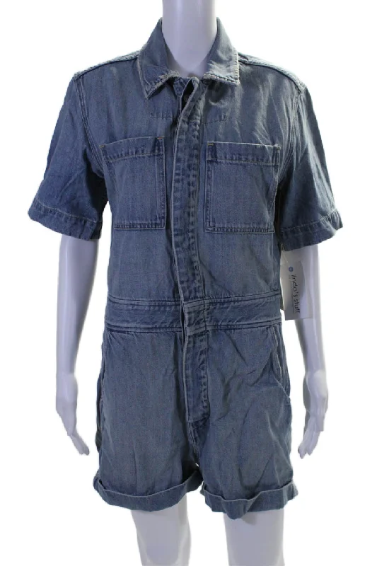 women's jumpsuits made of denimAmo Womens Cotton Short Sleeve Collar Button Shorts Denim Romper Blue