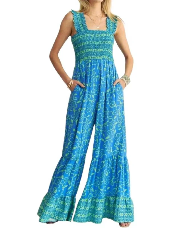 women's retro jumpsuitsPlus Retro Floral Straps Ruffle Pants Jumpsuit In Blue