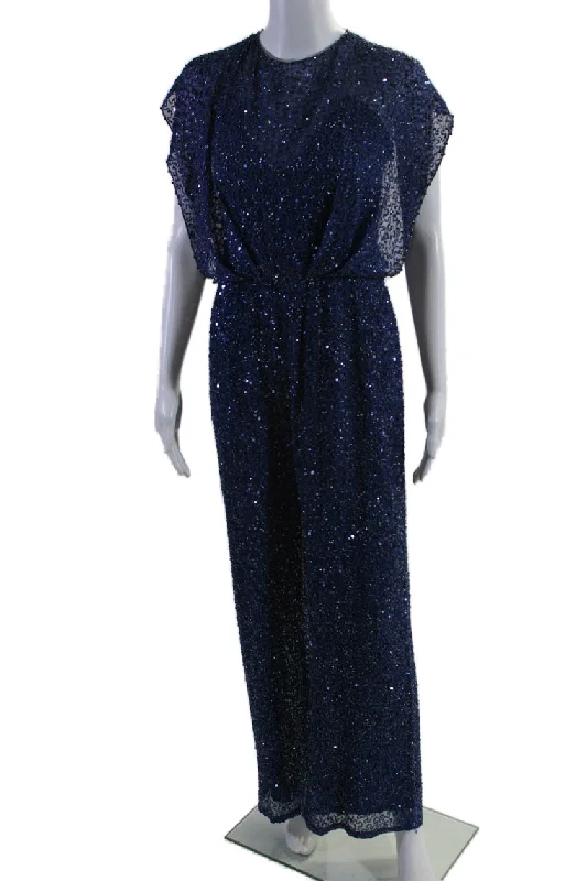 women's elegant jumpsuitsJenny Packham Womens Silk Embroidered Sequined Ruched Jumpsuit Blue