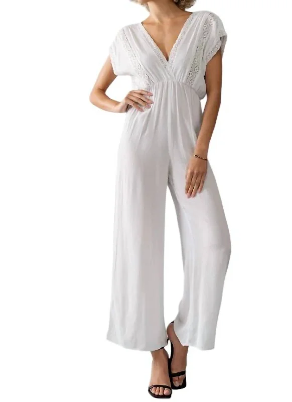 women's jumpsuits with neon colorsLace Trim Jumpsuit In White