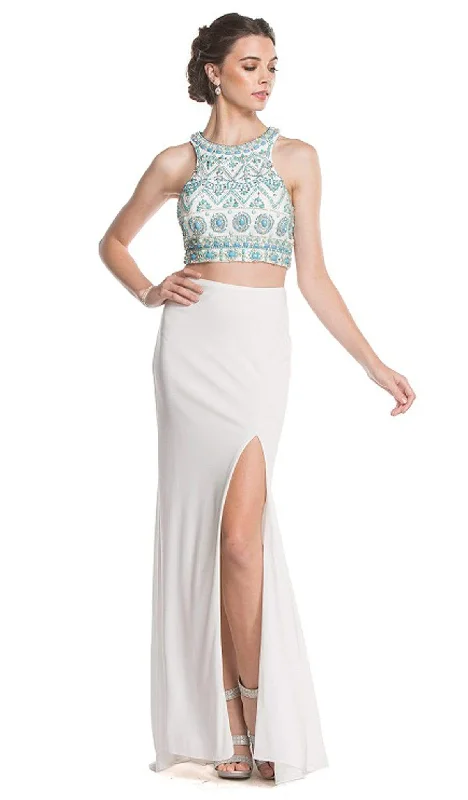 women's bow dressesTrevi Collection - Beaded Sheath Evening Dress with Slit