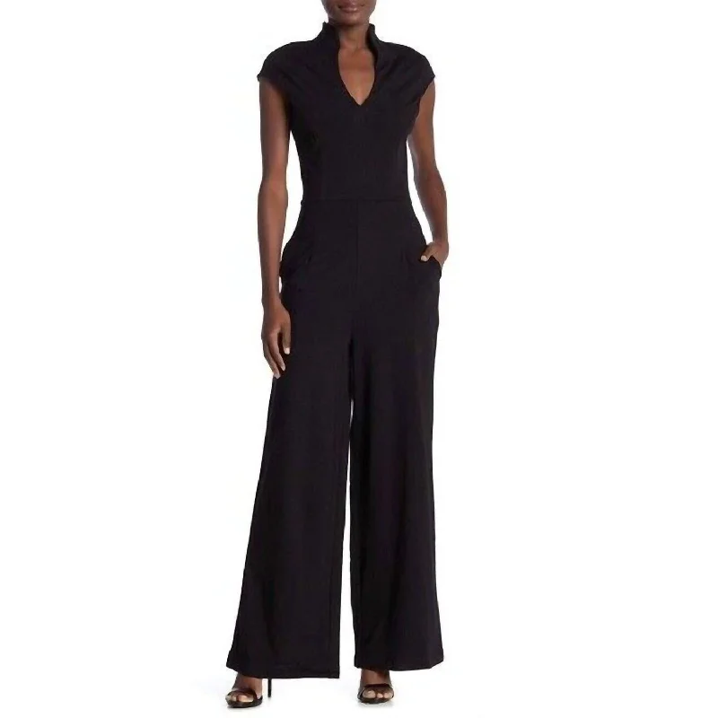 women's high-slit jumpsuitsScarlett Solid Wide Leg V Neck Jumpsuit In Black