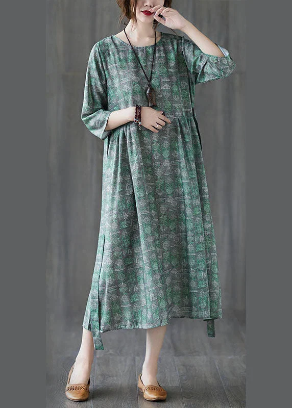 women's affordable dressesUnique Green O-Neck Patchwork Print Fall Maxi Dresses Half Sleeve