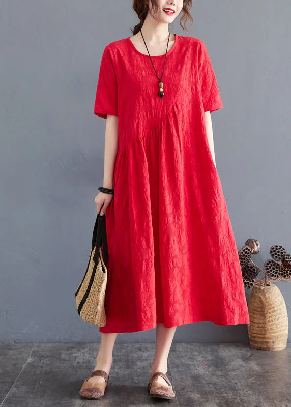 women's high-low dressesElegant Red Oversized Jacquard Cotton Maxi Dress Summer