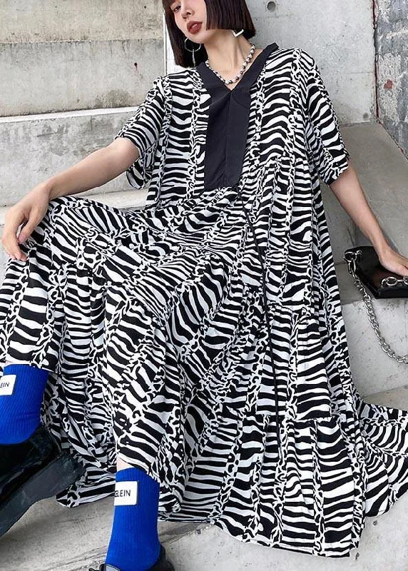 women's affordable dressesNatural Zebra pattern V Neck Cotton asymmetrical design Summer Maxi Dress