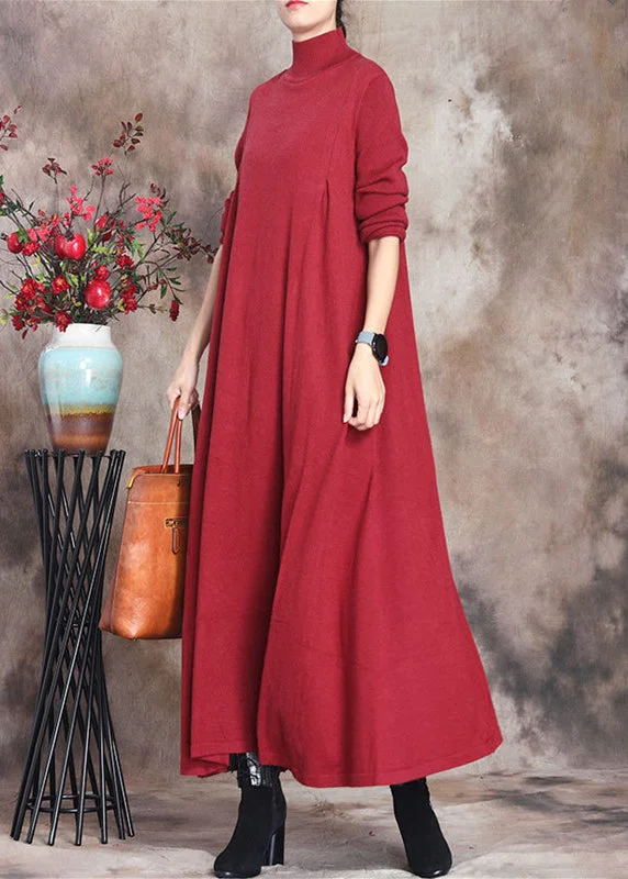 women's beach dressesSimple Red Turtleneck Patchwork Knit Cotton Maxi Dress Long Sleeve