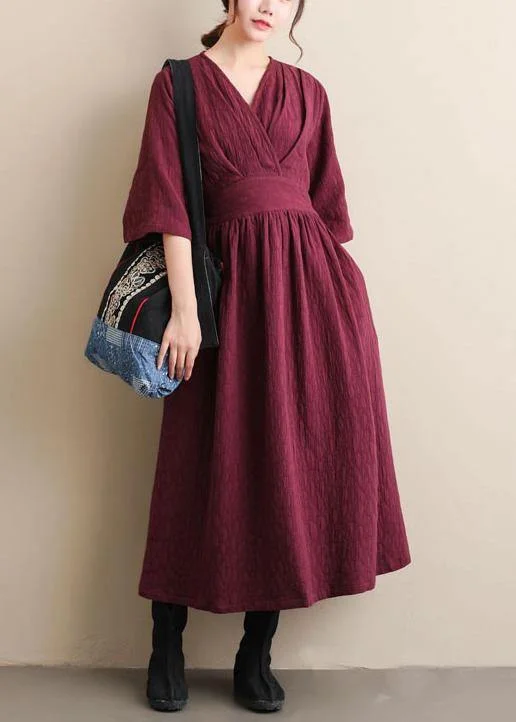 women's designer dressesNatural V Neck Cinched Spring Quilting Clothes Pattern Burgundy Maxi Dress