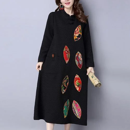 women's flowy dresseswinter thick black cotton embroidery dresses oversize vintage maxi dress