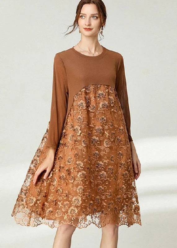 women's travel dressesFitted Khaki Tulle Jacquard Hollow Out Fall Long Sleeve Maxi Dress