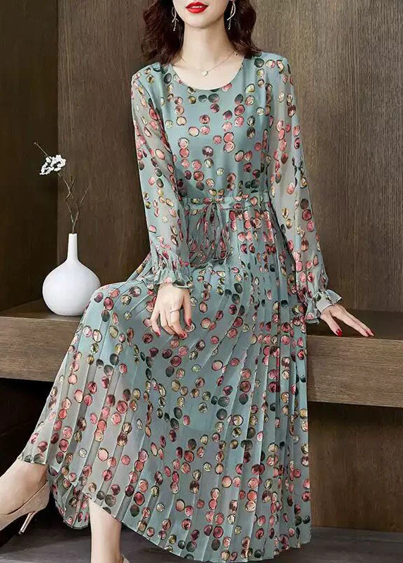 women's eco-friendly dressesFashion Green O-Neck tie waist wrinkled Chiffon Maxi Dresses Spring