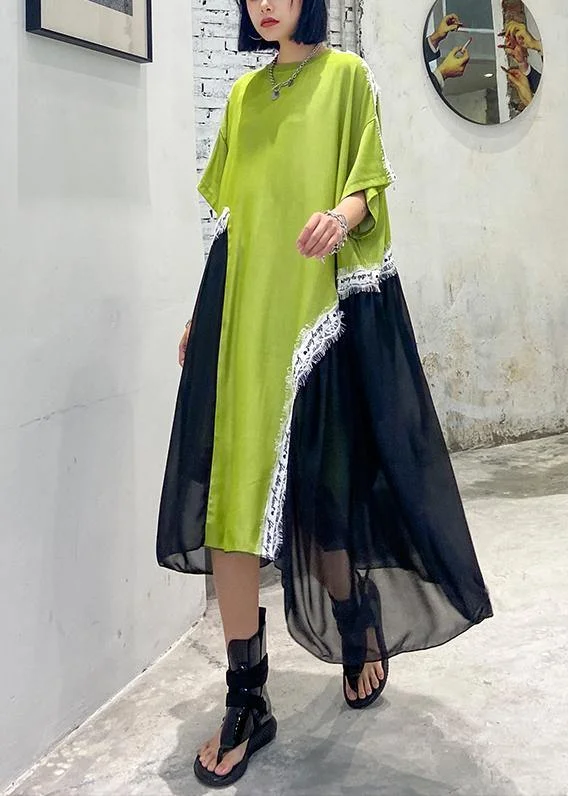 women's stylish dressesDIY o neck patchwork tulle cotton Neckline green Maxi Dresses