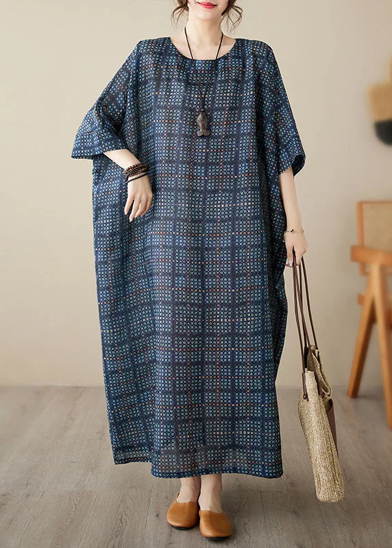 women's wedding guest dressesNavy Blue O-Neck Plaid Maxi Dress Short Sleeve