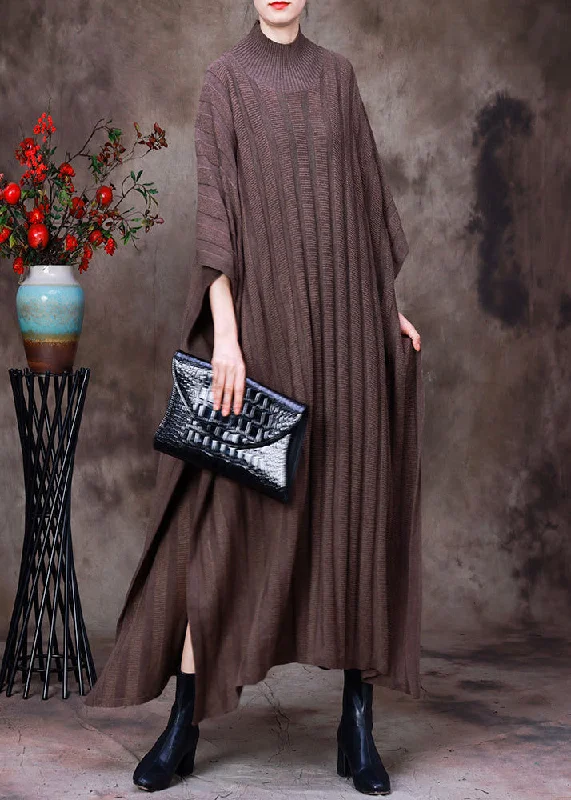 women's minimalist dressesClassy Light Chocolate Turtleneck Knit Maxi Sweaters Dress Long Sleeve