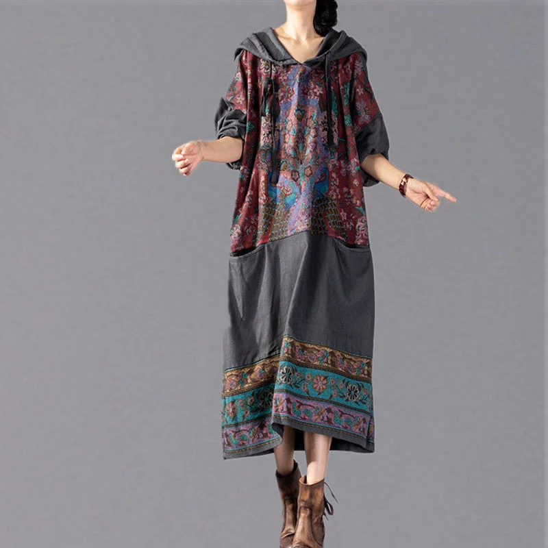 women's empire waist dressesstylish gray print 2018 oversize Hooded baggy maxi dress Fine patchwork cotton dresses