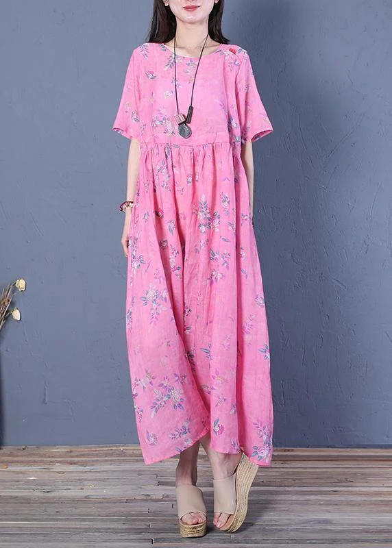 women's body-skimming dressesWomen rose print chiffon Robes o neck Cinched Maxi Dresses