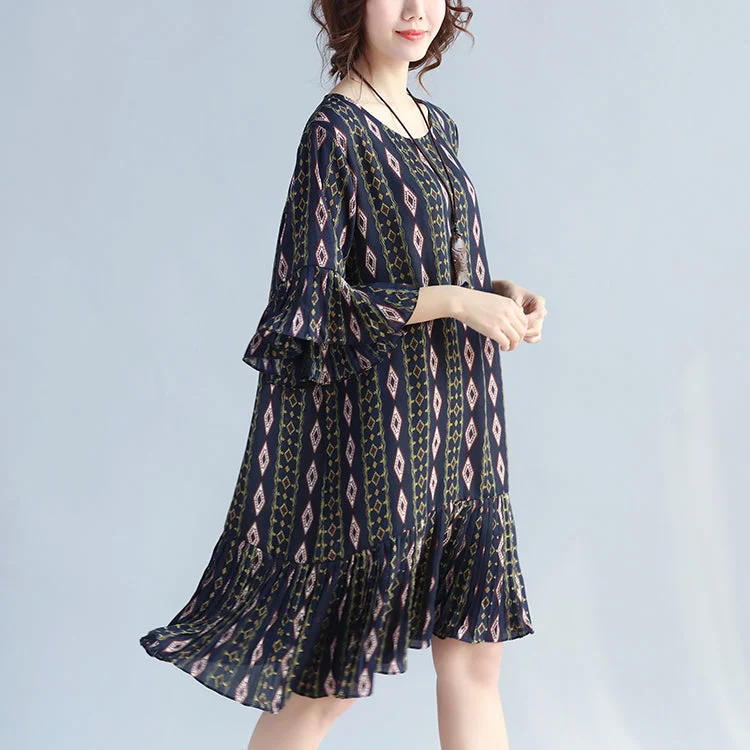 women's wrinkle-resistant dresseswomen dark blue prints chiffon dresses trendy plus size chiffon maxi dress Elegant ruffles hem ruffles sleeve cute chiffon dress