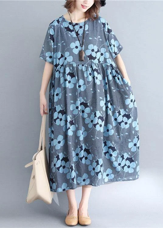 women's fashionable dressesFrench blue print cotton linen clothes o neck Cinched Maxi Dresses