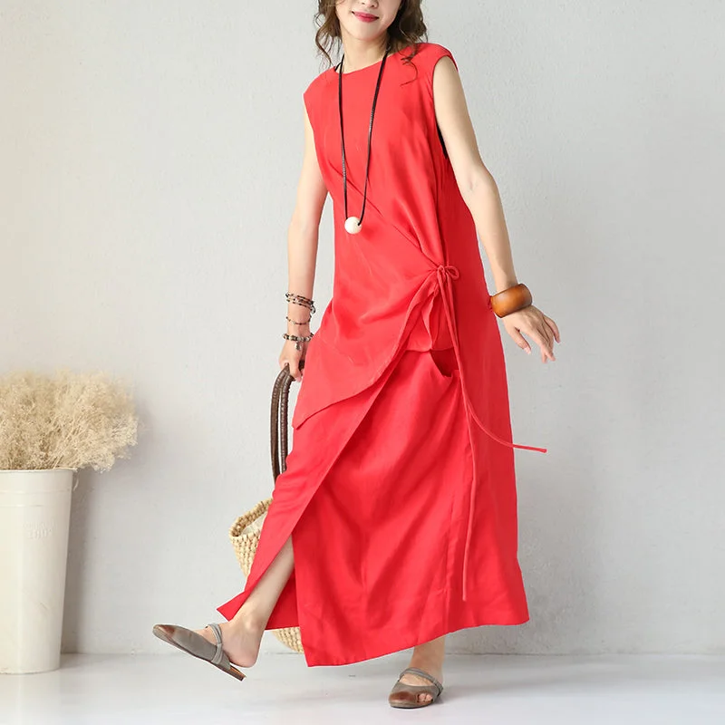 women's machine-washable dressesboutique red silk linen dresses oversized asymmetric silk linen clothing dress fine tei waist maxi dresses