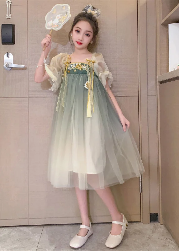 women's versatile dressesCute Grey Green Square Collar Embroideried Patchwork Wrinkled Tassel Tulle Kids Girls Maxi Dresses Short Sleeve