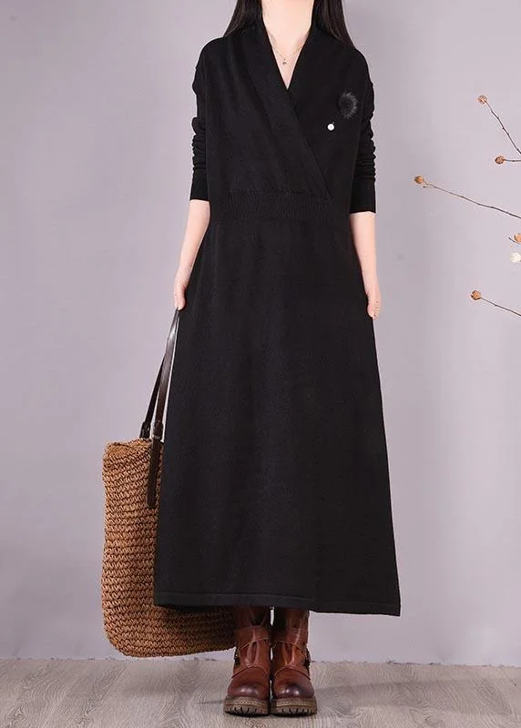 women's casual Friday dressesClassy V Neck Asymmetric Spring Dresses Shape Black Maxi Dresses