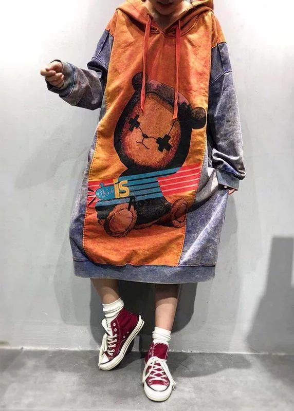 women's vacation dressesBoho Orange Hooded Dress Cartoon Printing Spring Maxi Dress