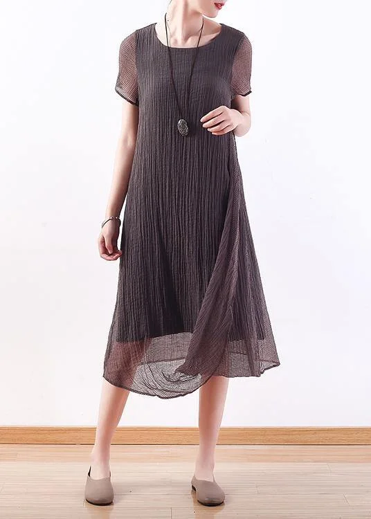 women's work dressesChic o neck asymmetric silk linen clothes For Women Korea Work Outfits gray Maxi Dresses Summer