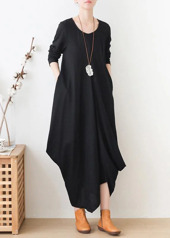 women's stretchy dressesElegant black clothes For Women o neck asymmetric Maxi fall Dresses