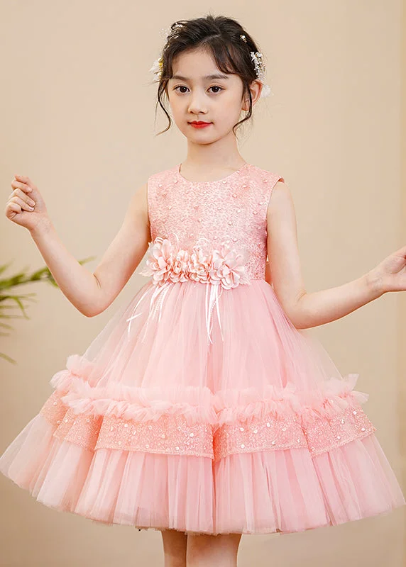 women's stylish dressesBoutique Pink Floral Nail Bead Tulle Baby Girls Maxi Dress Summer