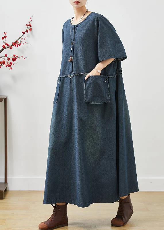 women's mini dressesNatural Navy Oversized Pockets Denim Maxi Dresses Summer