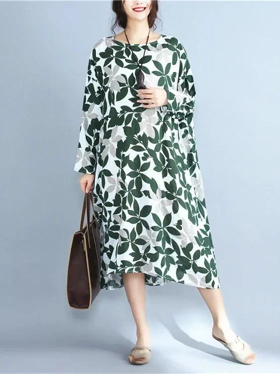 women's made-to-order dressesItalian green print cotton clothes For Women o neck long sleeve Maxi Dress