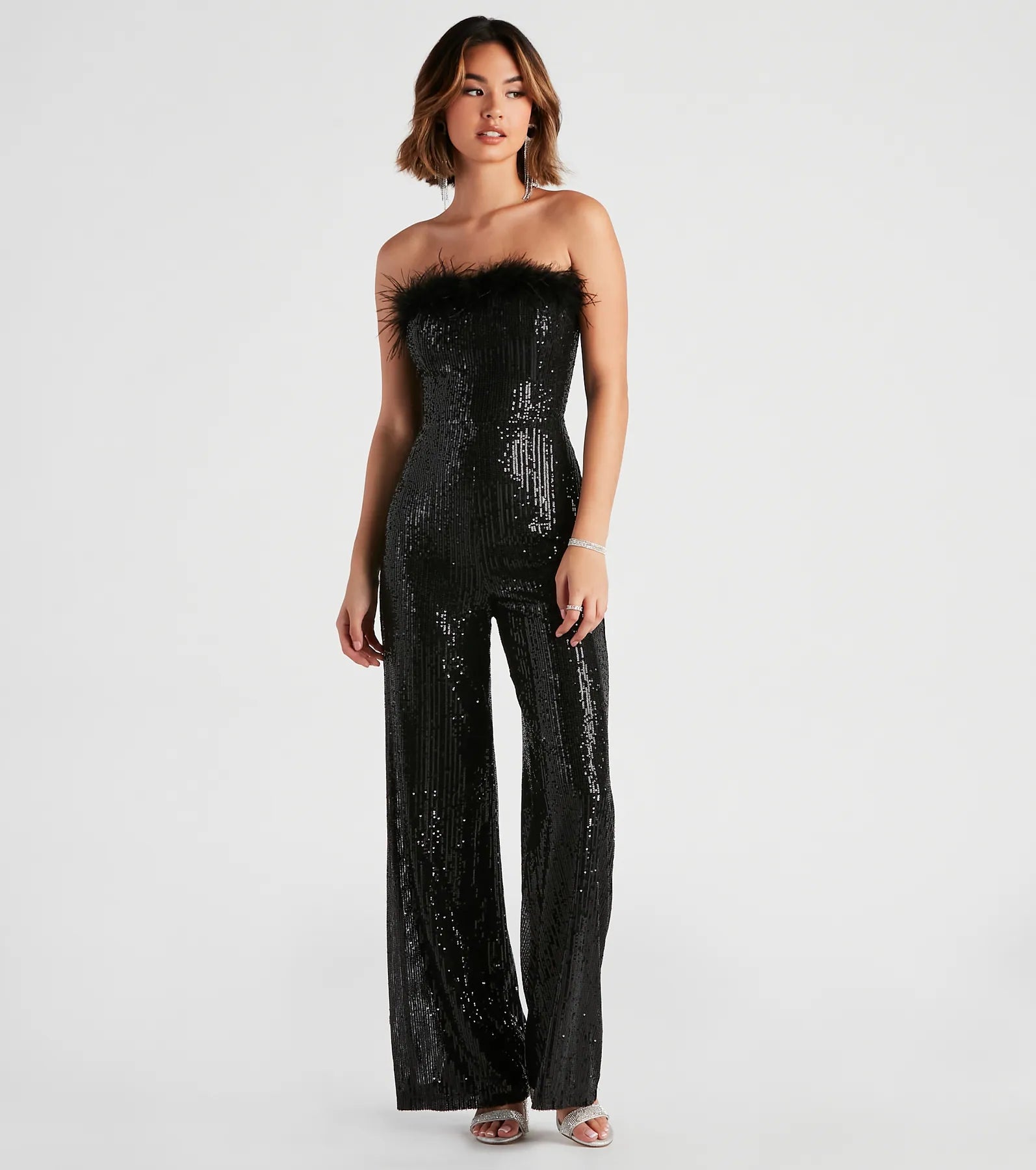 women's jumpsuits for machine-washable fabricsAlways Fabulous Feather-Trim Sequin Jumpsuit