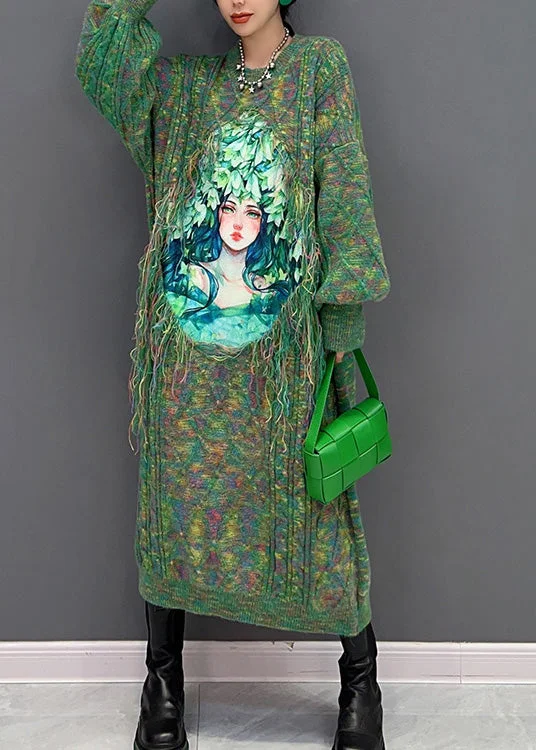 women's cotton dressesCasual Green O-Neck Print Knit Holiday Maxi Sweaters Dress Winter