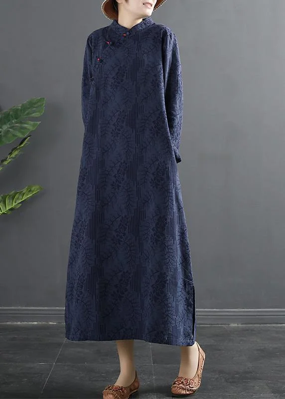 women's versatile dressesBohemian Stand Collar dress Blue Jacquard Maxi Dresses