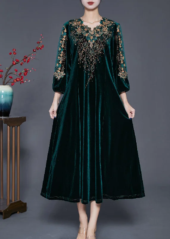 women's designer dressesBeautiful Blackish Green V Neck Zircon Silk Velour Maxi Dresses Fall