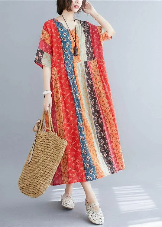 women's pear-shaped body dressesNatural ColorBlock Print O-Neck Summer Maxi Dresses Half Sleeve